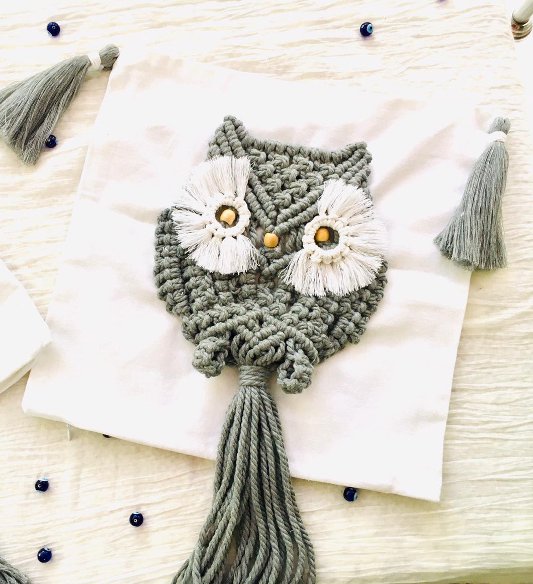 Macrame Owl Cushion Cover- Grey