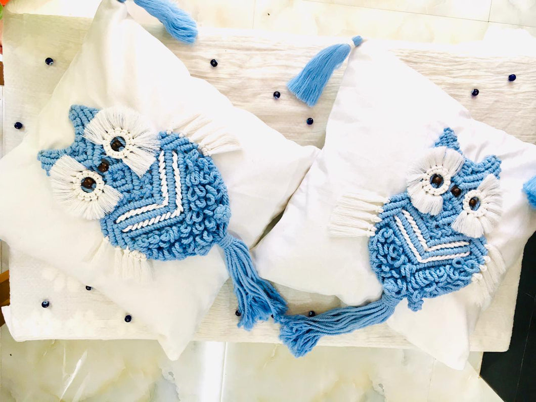 Macrame Owl Cushion Cover- Blue